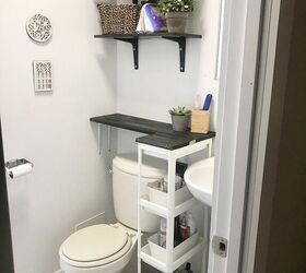 20 ways to boost bathroom storage without taking counter space, Create storage space in a tiny bathroom with stacked and hanging shelves