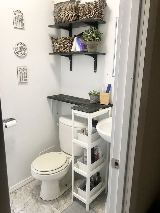 20 ways to boost bathroom storage without taking counter space, Create storage space in a tiny bathroom with stacked and hanging shelves