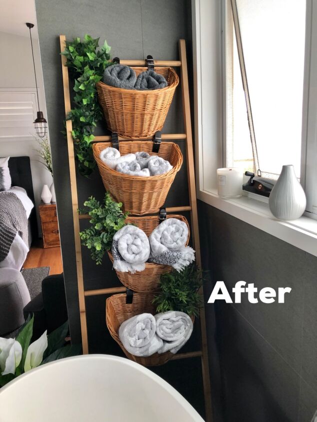 20 ways to boost bathroom storage without taking counter space, DIY this trendy bathroom storage unit with wicker bike baskets and a ladder