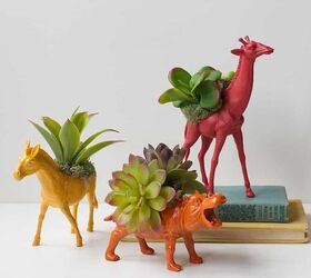 s 16 sweet mini planters that will liven up your bookshelves, Repurpose toy animals into colorful succulent planters