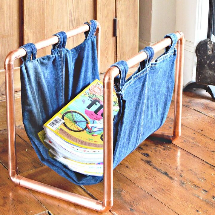 28 genius ways to reuse your old clothing, Go industrial chic with a DIY magazine rack made from denim and copper piping