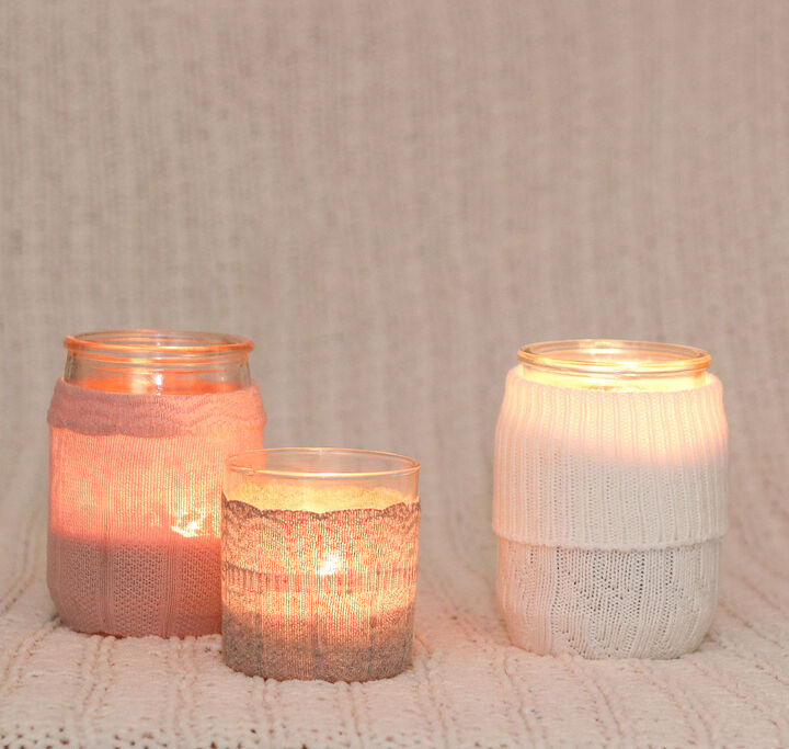 28 genius ways to reuse your old clothing, Get extra cozy this fall with candle covers made from sweater socks