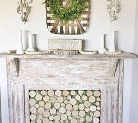 s 10 faux mantels that will make your winter home much cozier, Combine an antique mantel with a birch wood insert for a rustic faux fireplace
