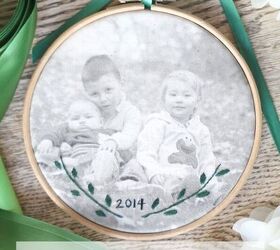 s 19 surprising ways to turn plain embroidery hoops into home decor, Treasure your favorite moments with a photo transfer canvas embroidery hoop