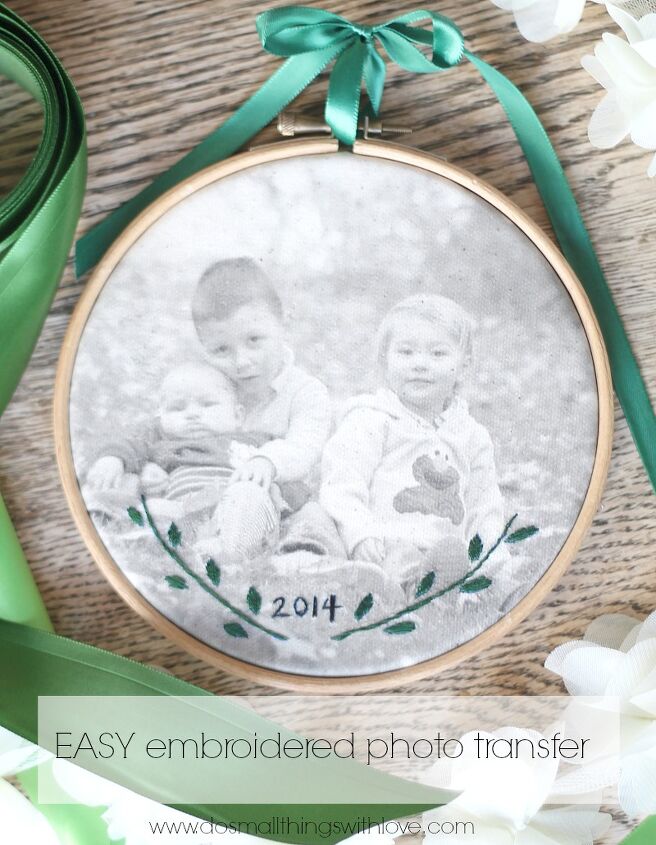 s 19 surprising ways to turn plain embroidery hoops into home decor, Treasure your favorite moments with a photo transfer canvas embroidery hoop