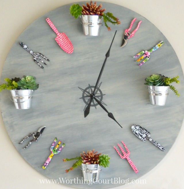 s 10 pretty alternatives for people who are tired of killing succulents, Transform an old round tabletop into a giant garden themed clock
