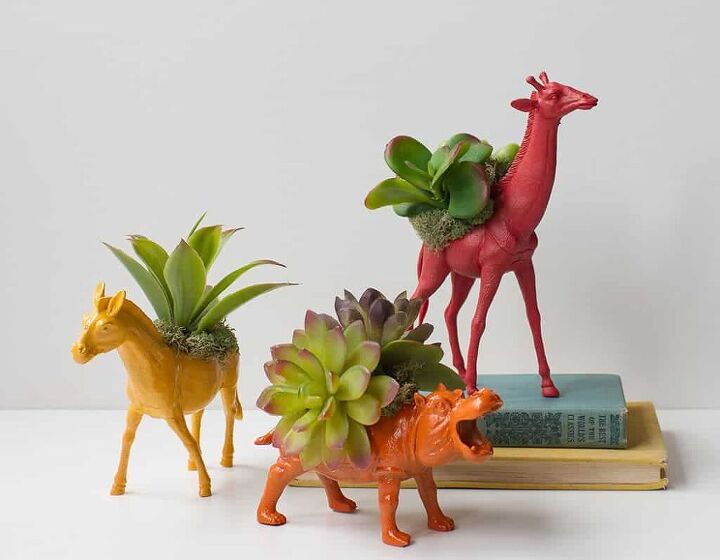 s 10 pretty alternatives for people who are tired of killing succulents, Repurpose toy animals into colorful faux succulent planters