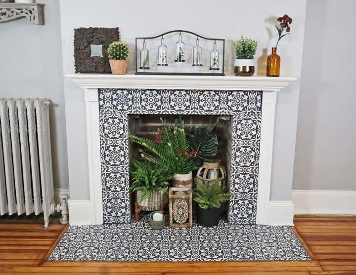s 20 fireplace makeovers that will get your home in shape for the cold, Refresh your tile fireplace with stunning stencils