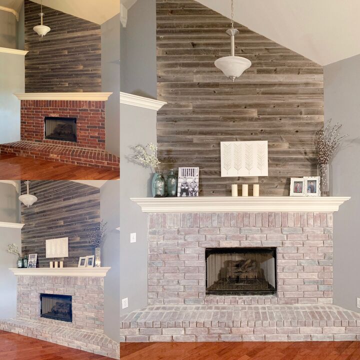 s 20 fireplace makeovers that will get your home in shape for the cold, Whitewash your outdated brick fireplace for a stunning makeover
