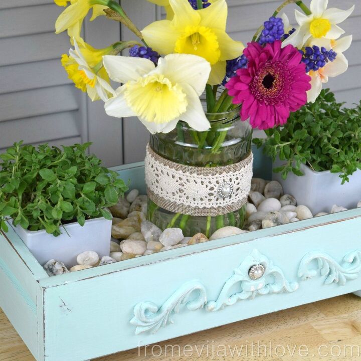 13 beautiful things you can do with that spare drawer, Repurpose an old drawer and a pickle jar into a rustic floral centerpiece