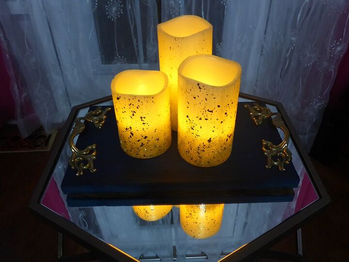s 20 candles you should make this season, Turn cheap flameless candles into a glittery cedar plank centerpiece