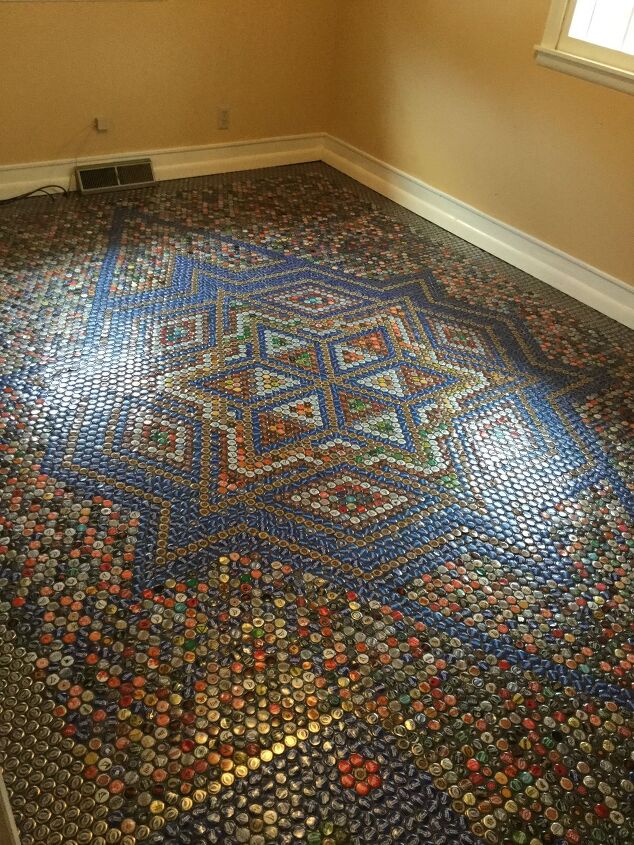 s 30 floor makeovers that will transform any room from the bottom up, Upcycle bottle caps into a mesmerizing mosaic floor tile