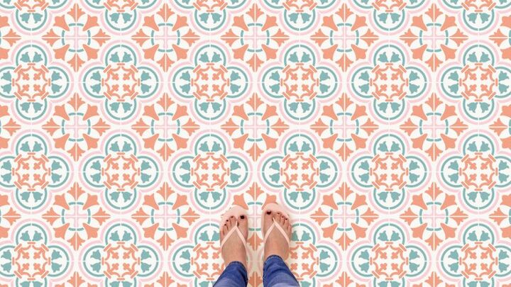 s 30 floor makeovers that will transform any room from the bottom up, Brighten any room with DIY pastel floor tile stencils