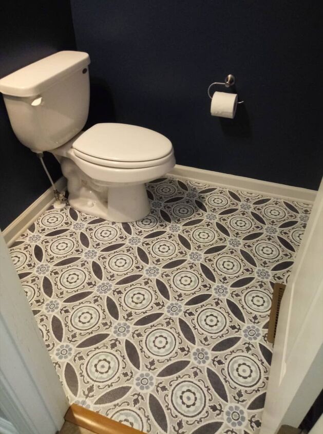 s 30 floor makeovers that will transform any room from the bottom up, Add character to a small bathroom with peel n stick vinyl Floorpops