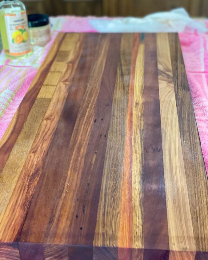 diy footed tray using drapery finials, The waxed and oiled board