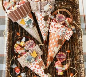 s 20 easy ways to get a gorgeous thanksgiving table, DIY playful cornucopias from colorful scrapbooking paper