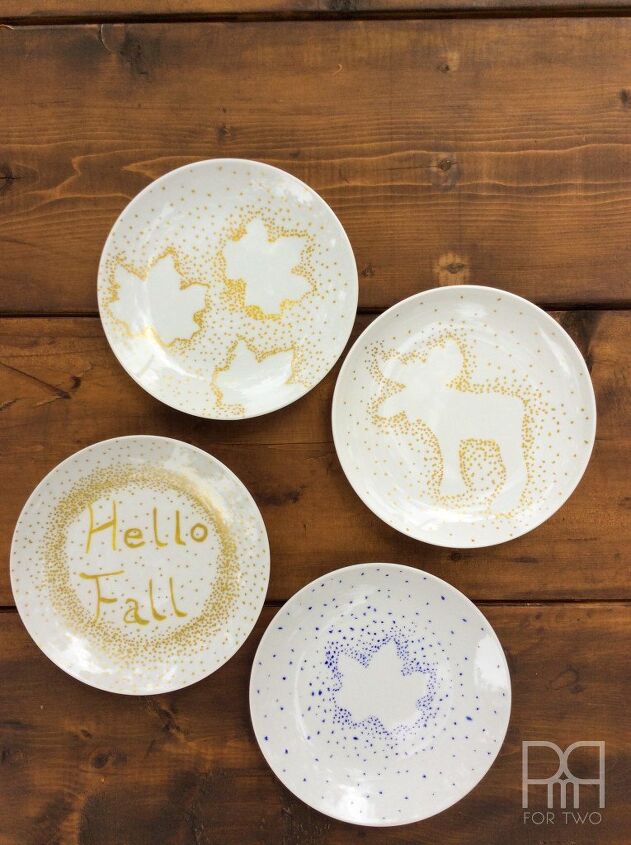 s 20 easy ways to get a gorgeous thanksgiving table, Decorate plain plates with fall shapes and a Sharpie