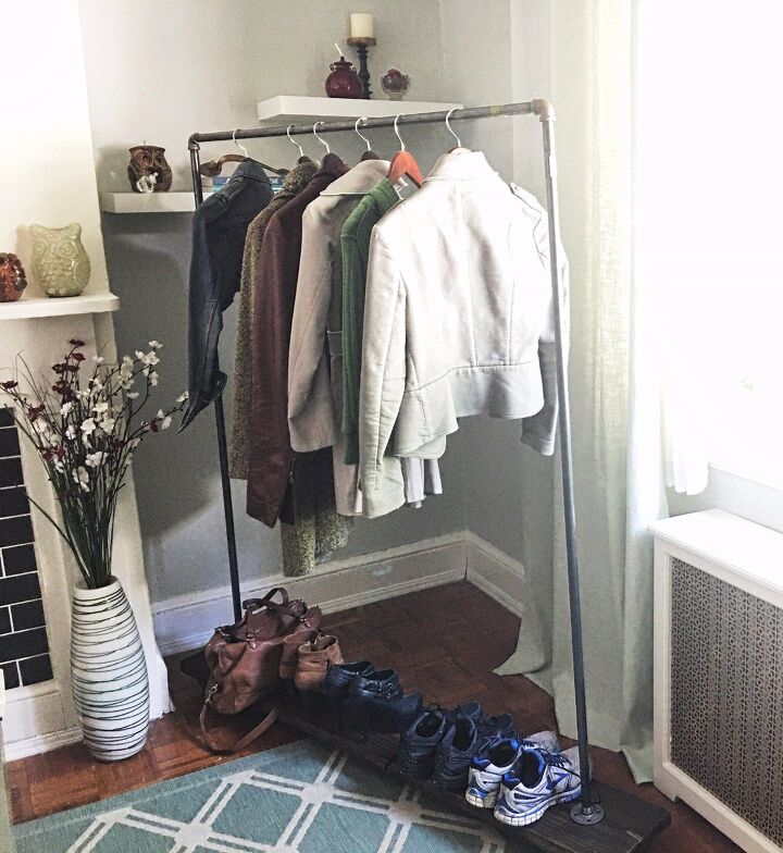 15 better ways to keep your winter coats and boots organized, Build your own mobile coat closet from scrap wood and piping