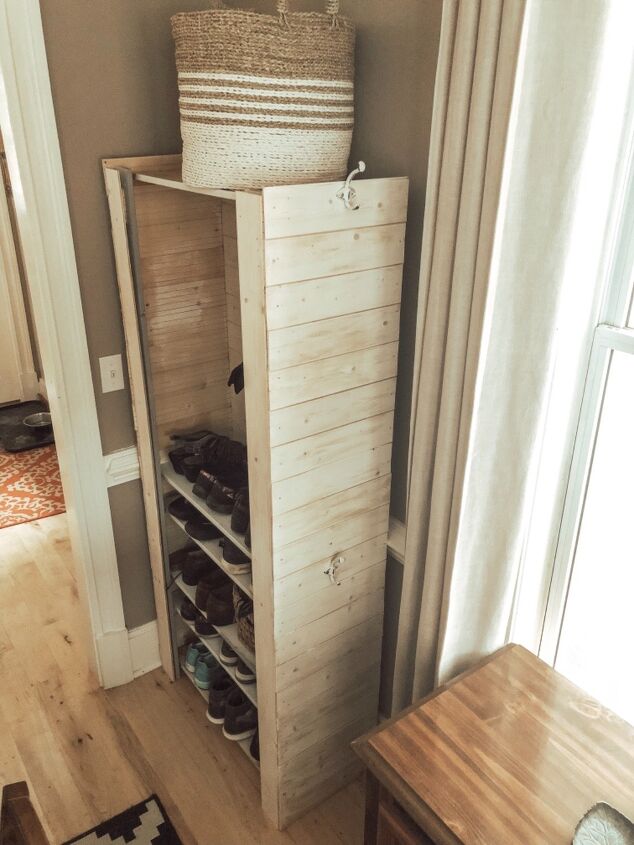 15 better ways to keep your winter coats and boots organized, Transform a basic shelf into a farmhouse style entryway organizer