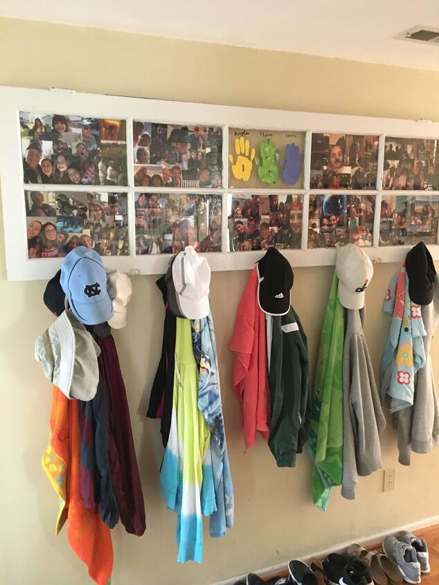 15 better ways to keep your winter coats and boots organized, Repurpose French doors into a coat rack full of family photos