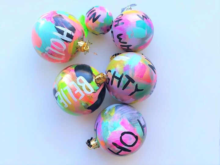s 25 new christmas ornament ideas that we re totally obsessed with, Brighten your holiday with funky colorful graffiti ornaments