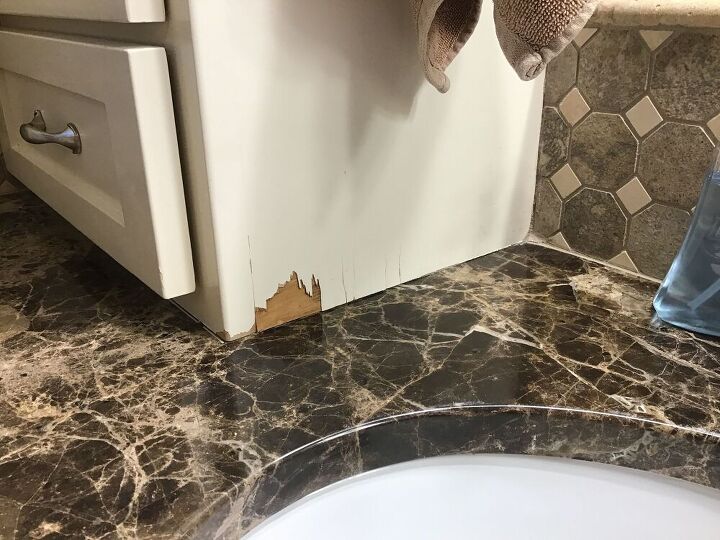 q how can i fix the sides of these cabinets in my son s bathroom