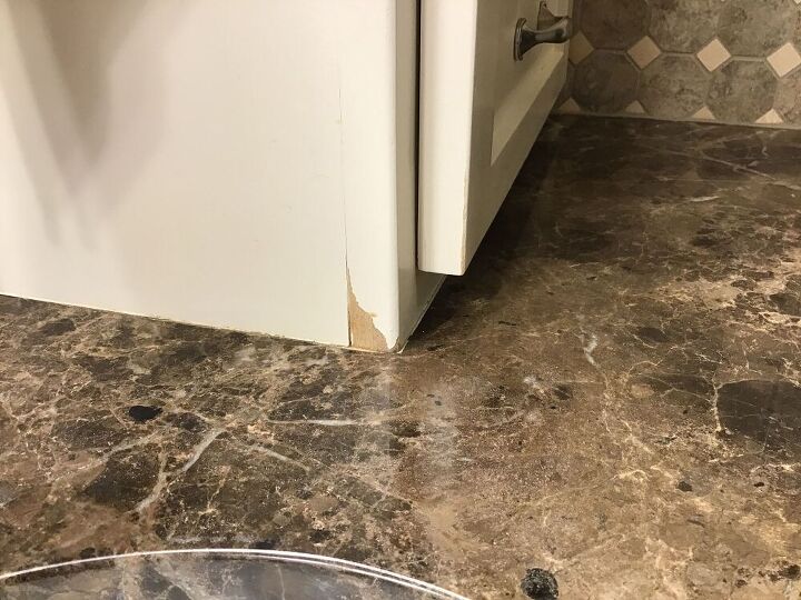 q how can i fix the sides of these cabinets in my son s bathroom