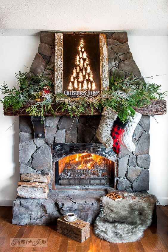 s 19 gorgeous ways to style your mantel for christmas, Transform a plain bulletin board into a sparkly yet rustic mantel plaque