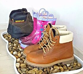 s 15 entryway organizing ideas to prepare for winter wear, Give a plastic boot tray a new look with pretty pebbles