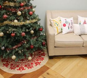 20 tree collars and skirts you re going to love this year, Upgrade a plain burlap tree skirt with a gorgeous mandala stencil