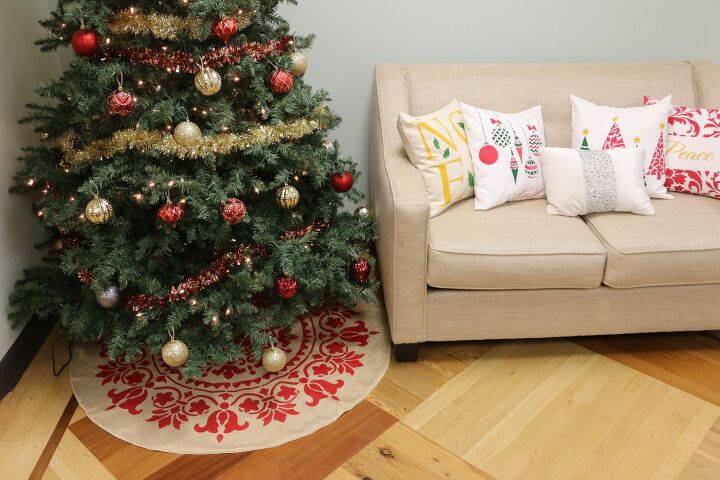 20 tree collars and skirts you re going to love this year, Upgrade a plain burlap tree skirt with a gorgeous mandala stencil