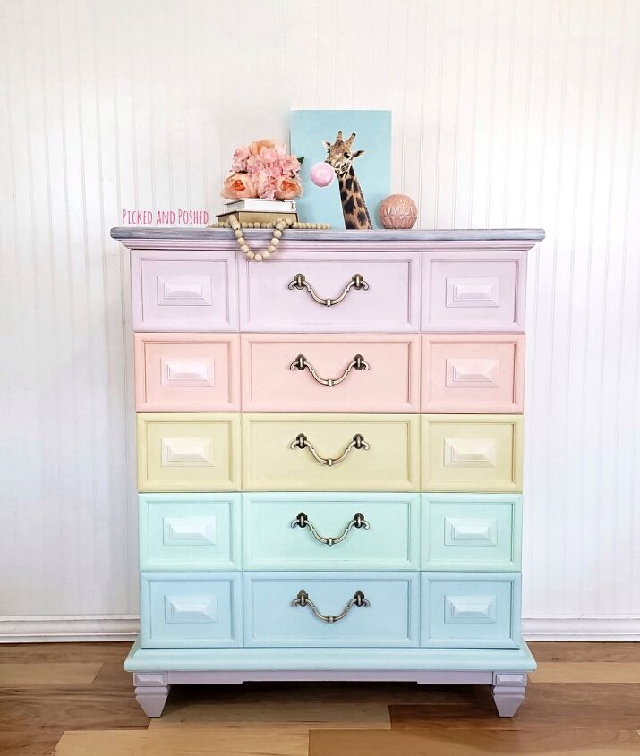 s get ready to fall in love with these 15 furniture makeovers, Transform a chest of drawers into a magical pastel rainbow