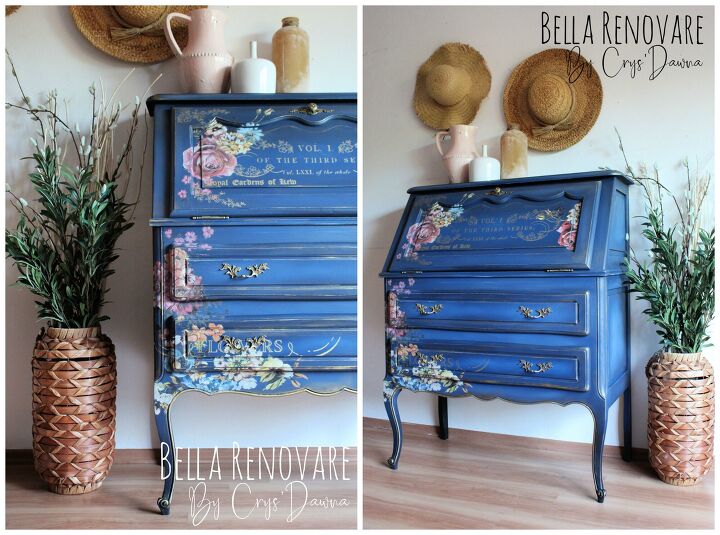 s get ready to fall in love with these 15 furniture makeovers, Create a stunning blue floral secretary desk