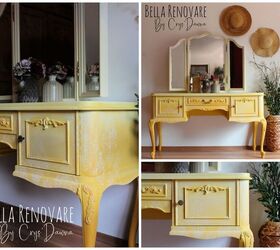 s get ready to fall in love with these 15 furniture makeovers, Brighten a vintage vanity with a yellow lacey look