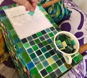 how to upcycle a vintage bedside table with mosaics, Tiling the table