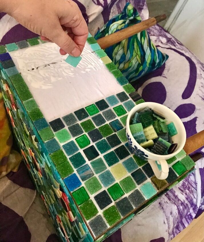 how to upcycle a vintage bedside table with mosaics, Tiling the table