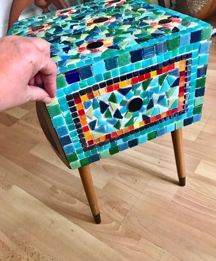 how to upcycle a vintage bedside table with mosaics, Ready to grout