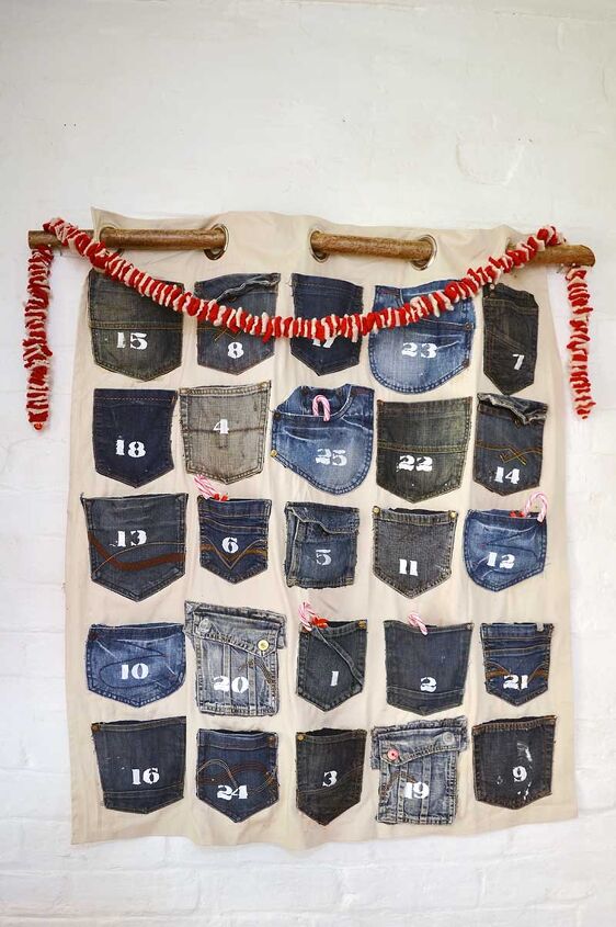 s 20 of the best advent calendars to use this december, Countdown to Christmas with a funky Advent calendar made from old jean pockets