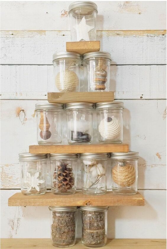 15 fun ways to use empty jars this season, Get that farmhouse style with a rustic mason jar Christmas tree