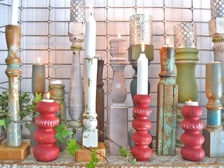 repurposed furniture leg candlesticks with sheet metal shades diy