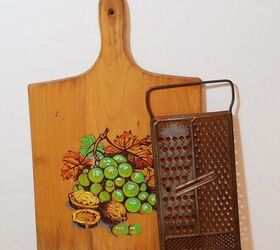 repurposed cutting board and rusty grater