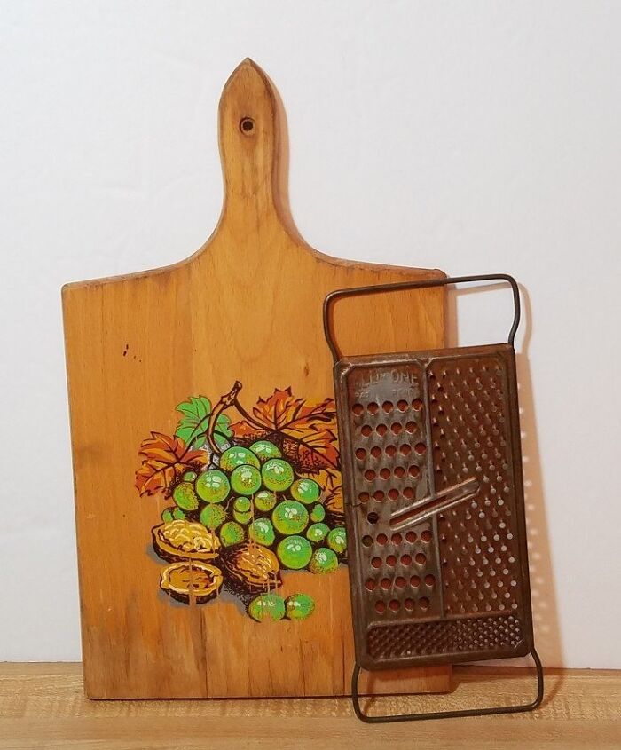 repurposed cutting board and rusty grater