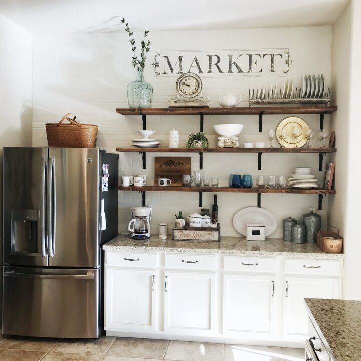 s 15 showstopping projects to start planning for 2021, Give your kitchen a country makeover with open shelving against a white brick wall