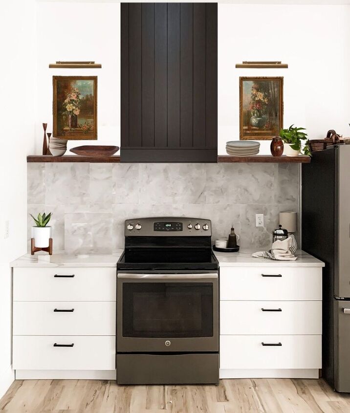 the 20 best kitchen updates people did in 2020, Disguise an ugly rangehood with a shiplap cover