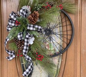 s 15 holiday wreath ideas you won t see on anyone else s front door, Turn a bicycle wheel into a chic farmhouse wr