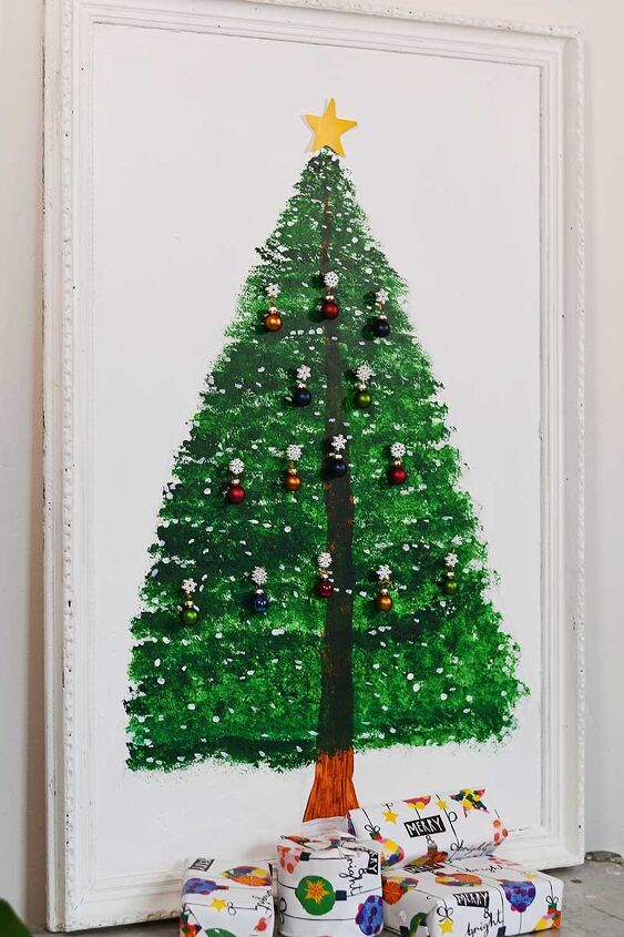 s 20 cute crafts for the kids to do while their stuck indoors, Paint a giant Christmas tree wall hanging with 3D ornaments