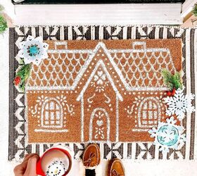 s 15 last minute christmas decorations you still have time to make, Welcome guests with an Anthropologie inspired gingerbread house doormat