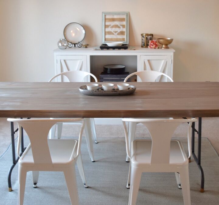 21 ways to bring your old dining table into 2021, Turn a basic folding table into a plank style industrial dining table