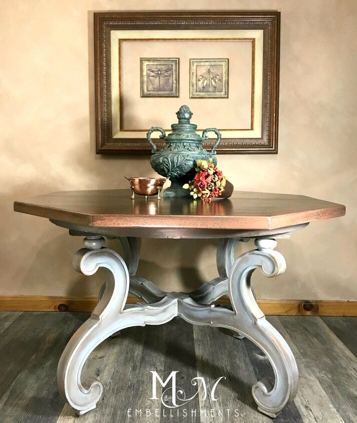 21 ways to bring your old dining table into 2021, Give a boring wood table a faux hammered copper finish