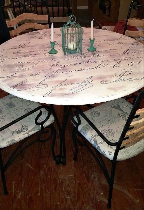 21 ways to bring your old dining table into 2021, Trace French script onto an old wood table for a romantic elegant effect